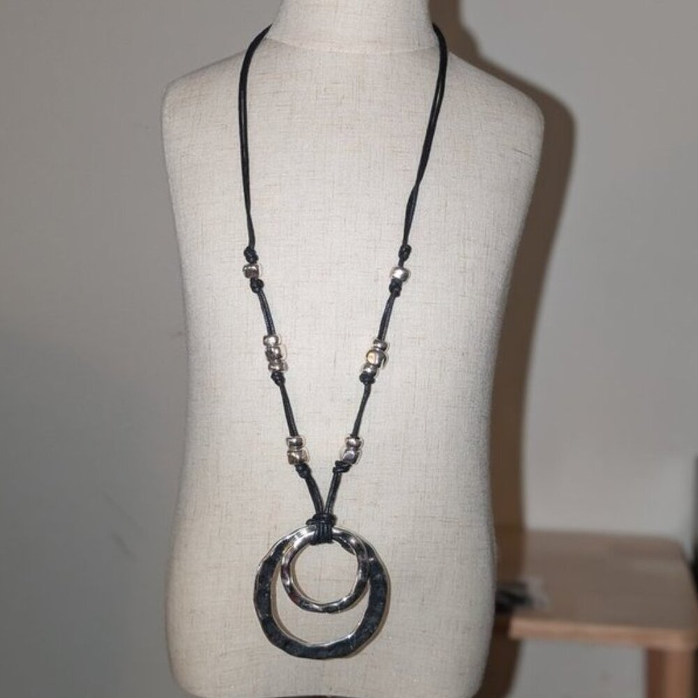 NEW St. Thomas Long Black Knotted Cord Metal Bead Double circle Pendant Necklace